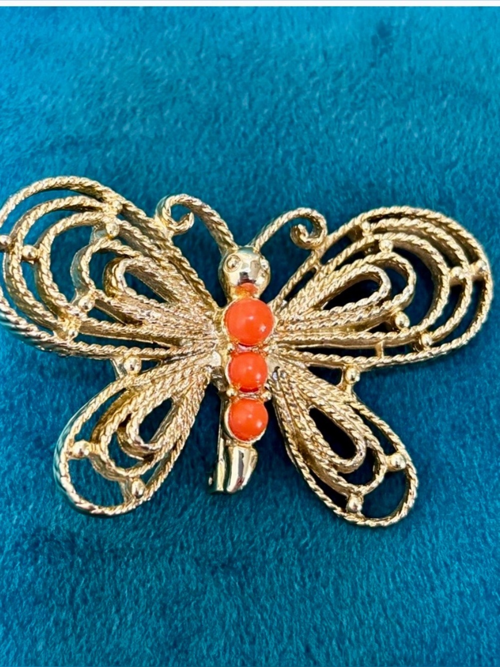 Vintage Gerrys Signed Gold Tone Faux Coral Filigree Butterfly Brooch